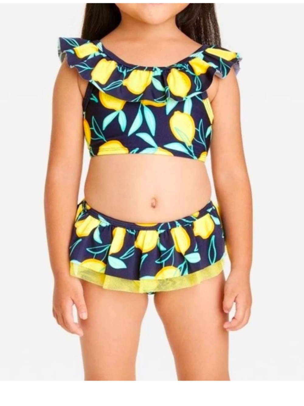 Cat & Jack Yellow and Blue Kids Two-Piece lemon print Ruffle details size 5T